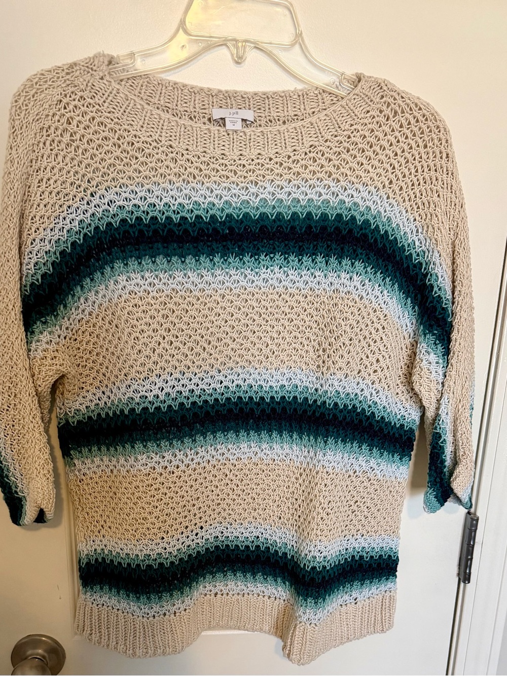 J. Jill Beige Open-Knit Sweater with Teal and Dark Green Stripes